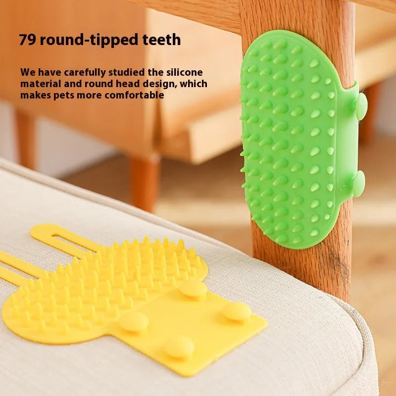 Silicone cat grooming comb and scratcher set with adjustable strap in black, green, pink, or yellow.