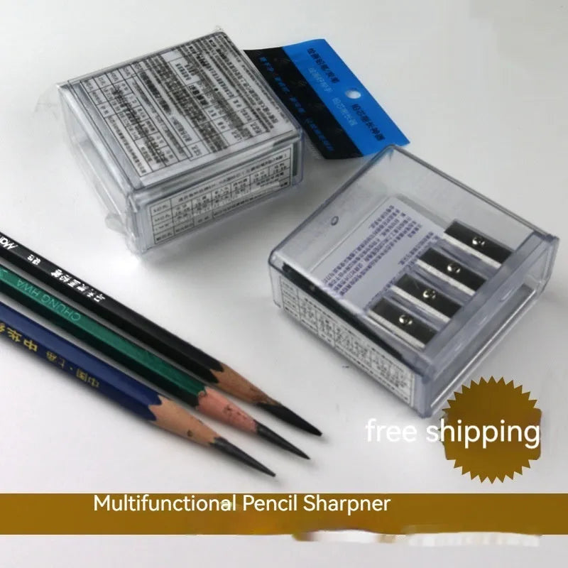 Geometric-shaped plastic pencil sharpener with four sharpening holes and a screwdriver