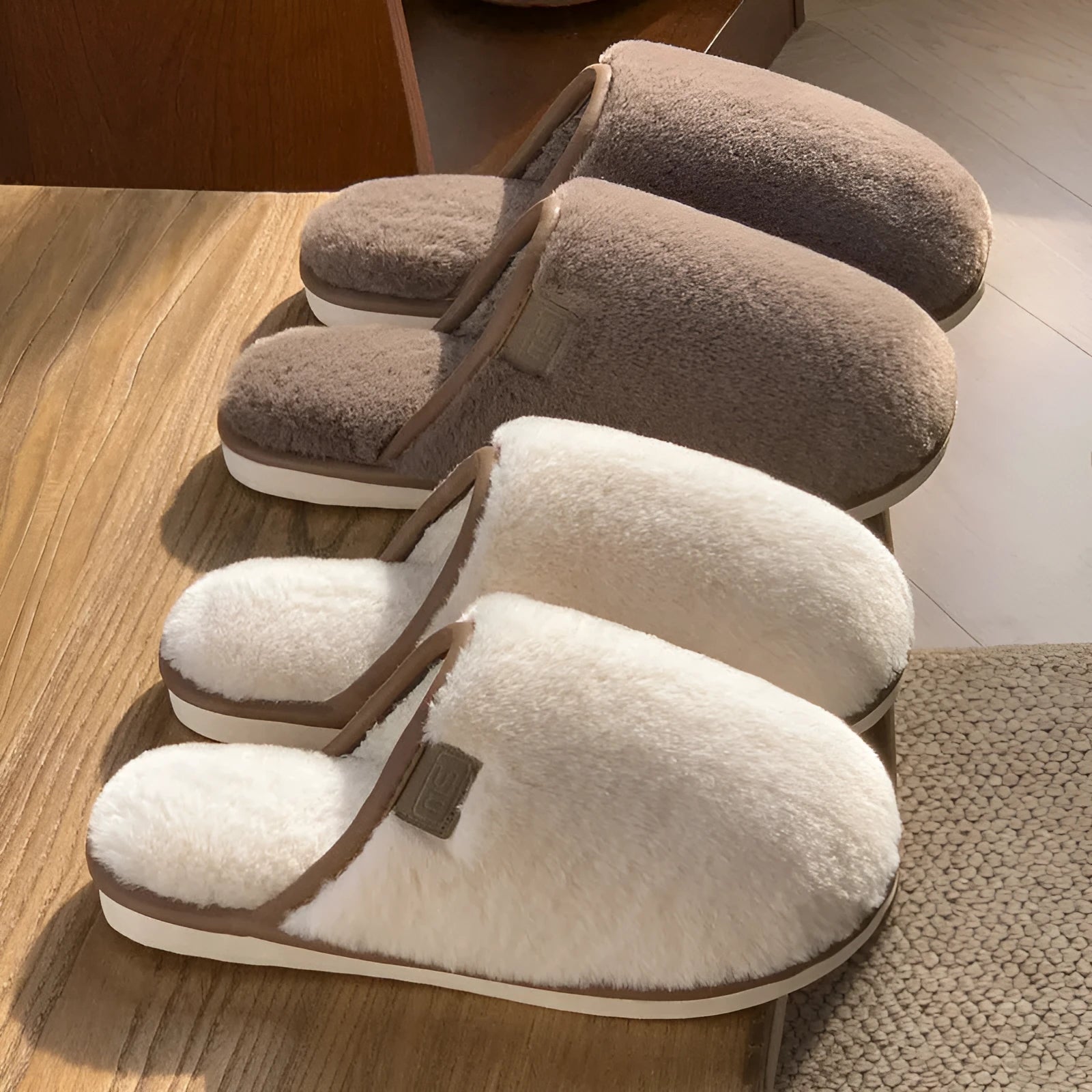 Solid-colour winter plush slippers with non-slip PVC sole on a home floor