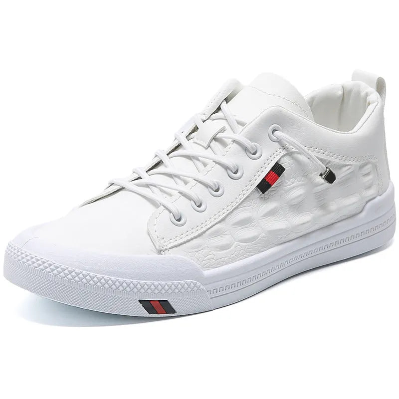White men's casual sneakers with round toe and lace-up design on rubber sole