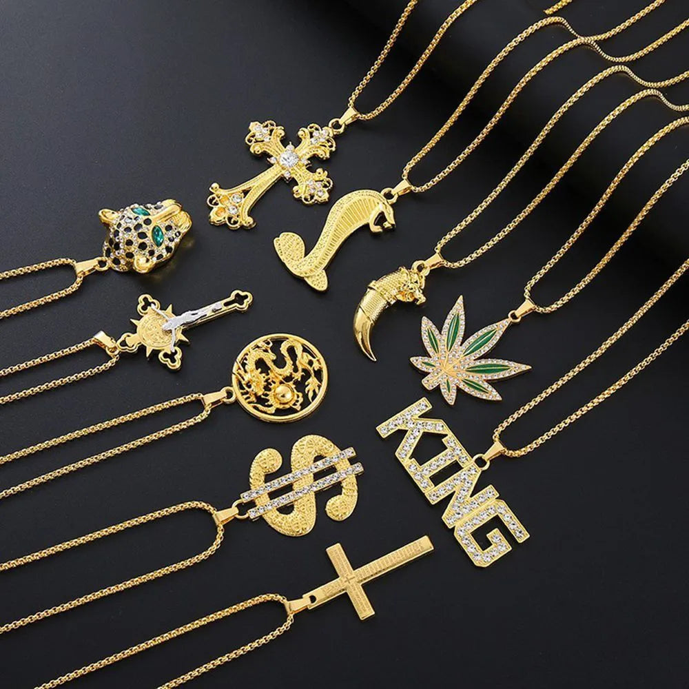 Gold geometric alloy women's necklace with inlaid zircon stones on a model.
