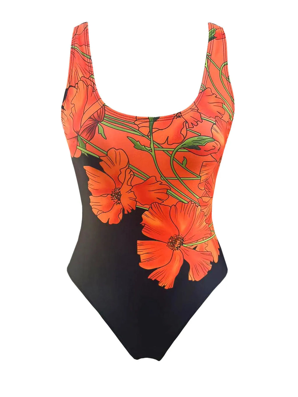 Orange flowers printed backless one-piece swimsuit with slim fit design
