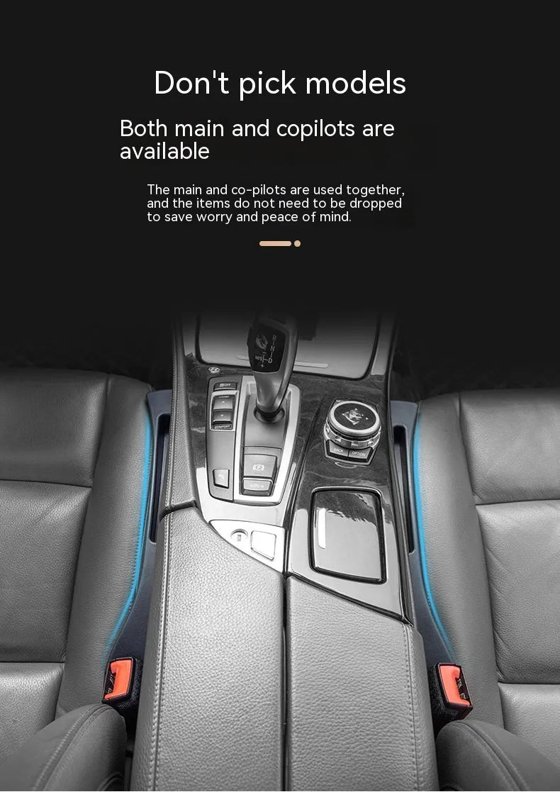 Black and brown plastic car seat gap storage boxes with handles for driver and passenger sides.