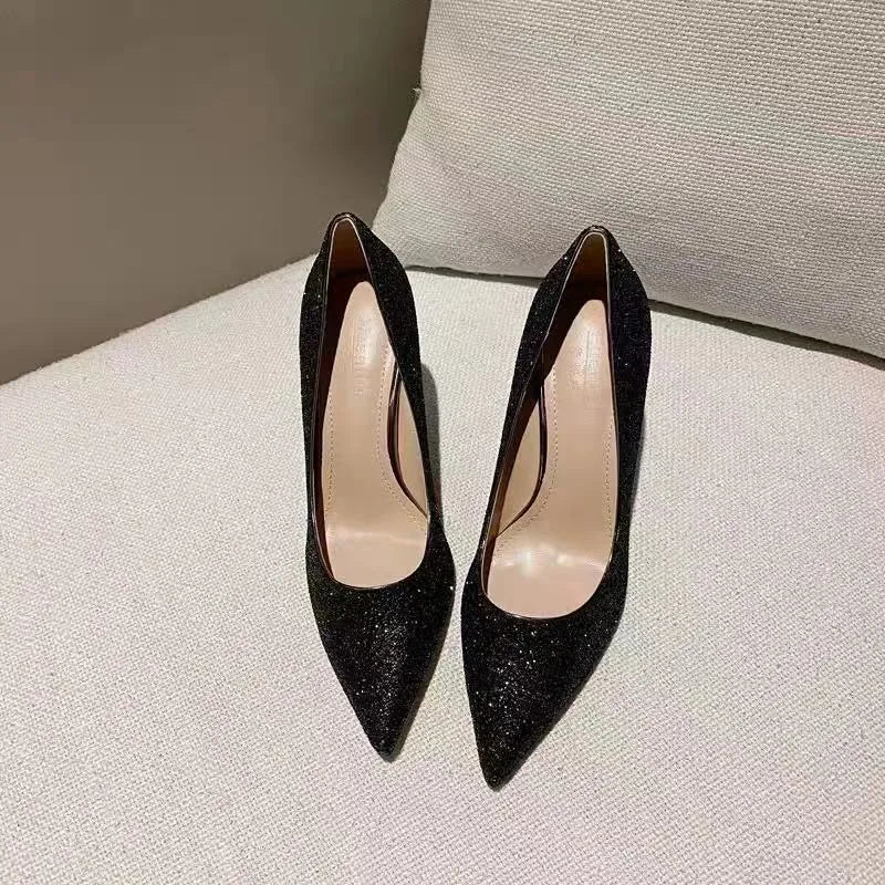 Women's crystal stiletto wedding heels in black and silver colours with multiple heel height options