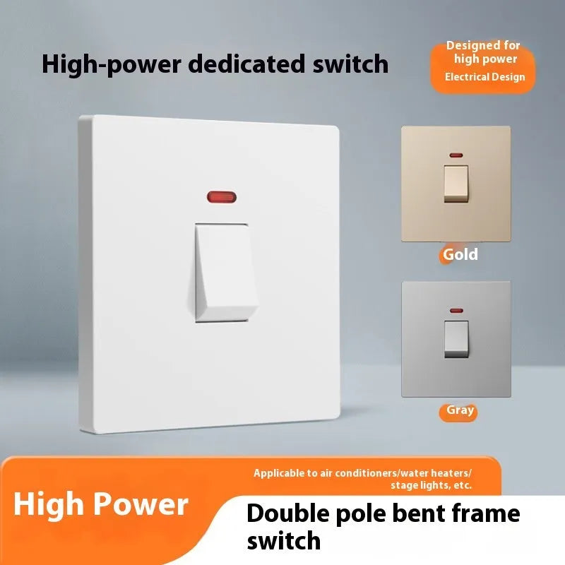 Gold, grey, and white illuminated high-current 3-pole electrical switch for appliances.