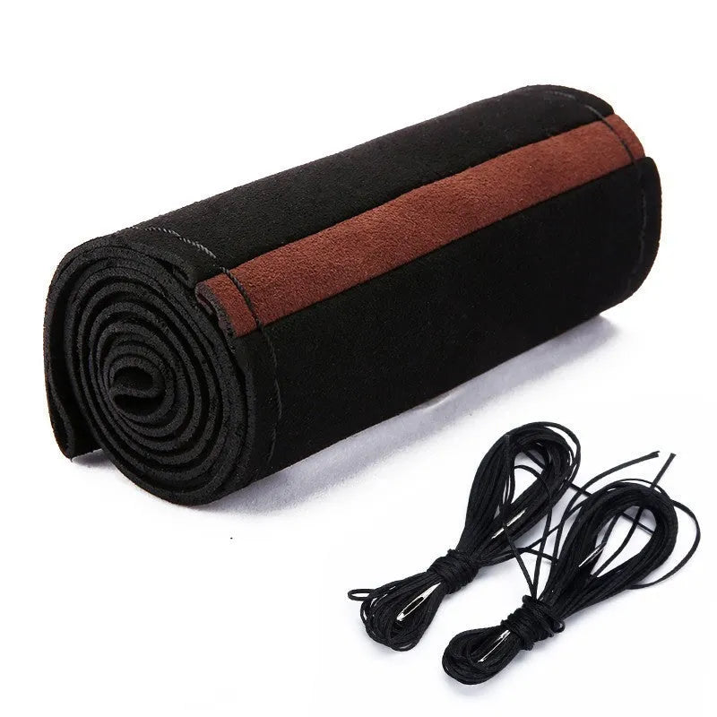 Black wool microfiber steering wheel cover with red accent line on 38cm diameter steering wheel
