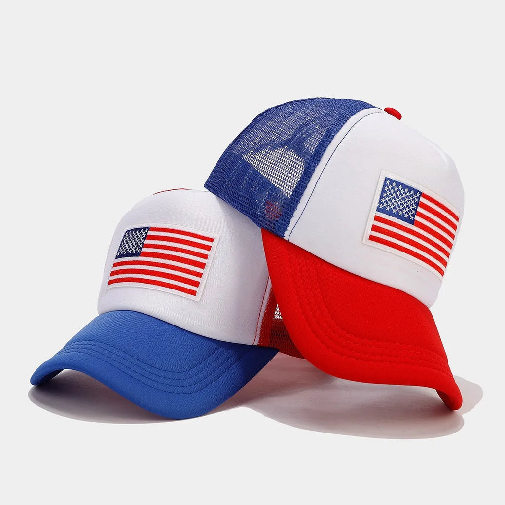 Red and blue contrast mesh baseball cap with adjustable strap on a dome crown.