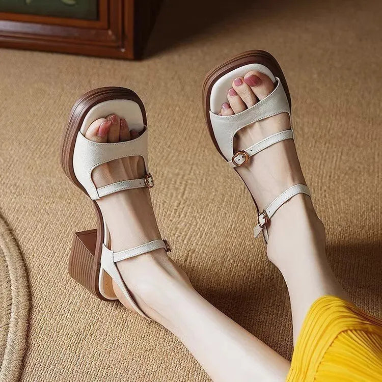 Women's open toe square toe retro platform sandals in milky white and brown colours