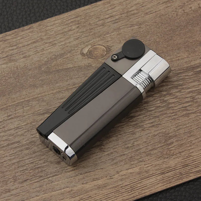 Foldable metal pipe lighter showing zinc alloy construction and refillable butane mechanism