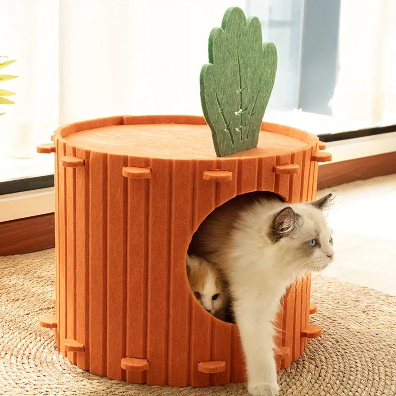 Grey felt cat tunnel with a semi-enclosed drilled design, shown in medium and large size options.