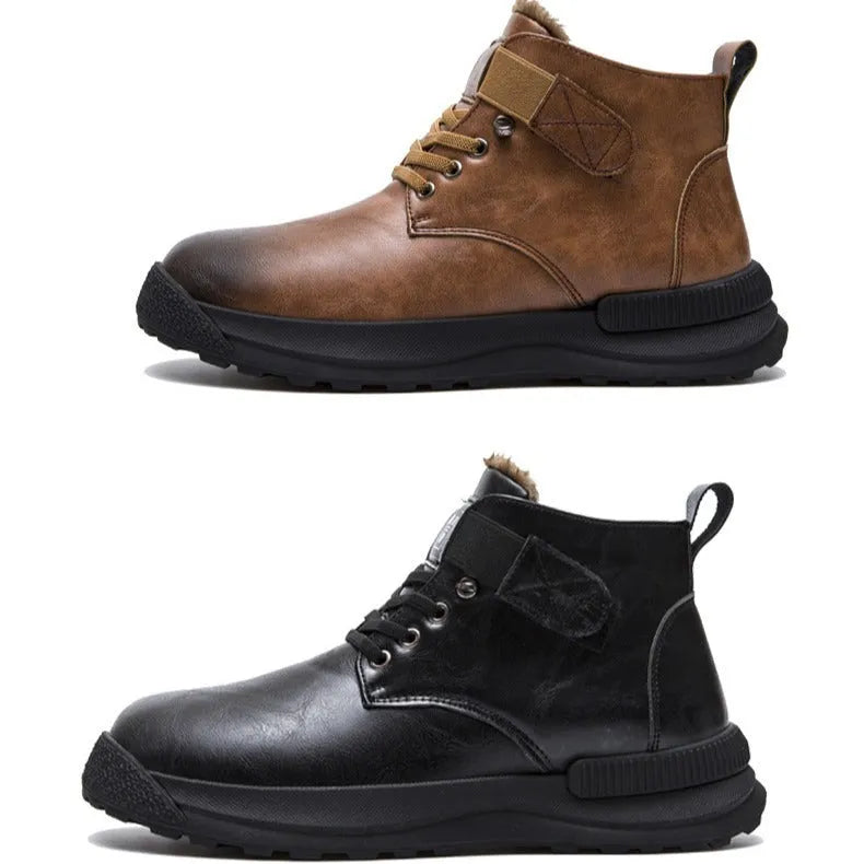 Men's black high-top platform boots with a velvet texture upper and thick rubber sole.