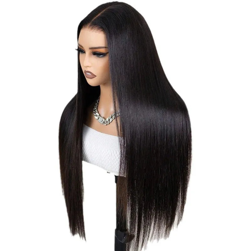 Straight black human hair lace front wig with 13x6 parting displayed at various lengths.
