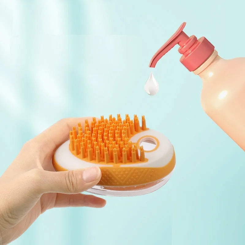 2-in-1 pet bath brush with soft silicone bristles, foam reservoir and non-slip grip in pink, orange or green