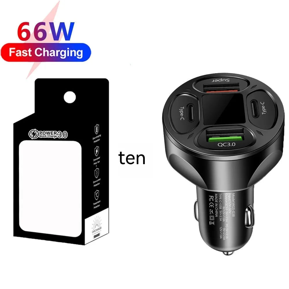 Black digital display car charger with two USB ports and two Type-C ports