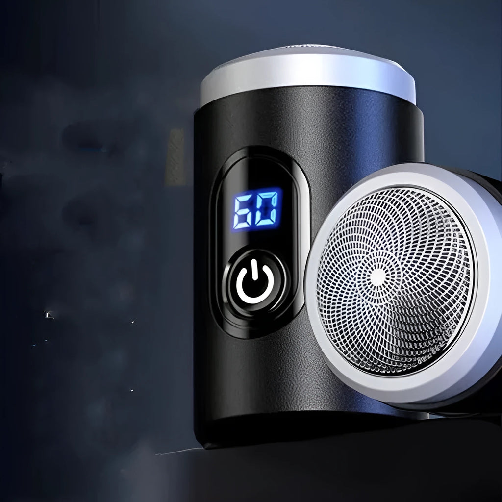 Black portable rechargeable shaver with USB charging cable and cleaning brush