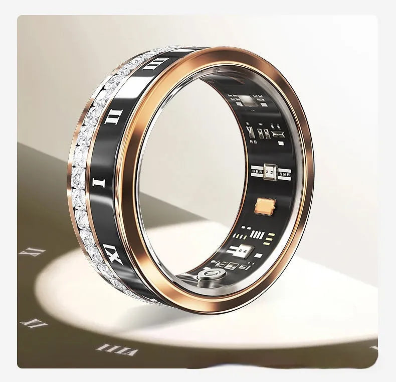 Diamond inlaid smart ring showing health monitoring features on finger