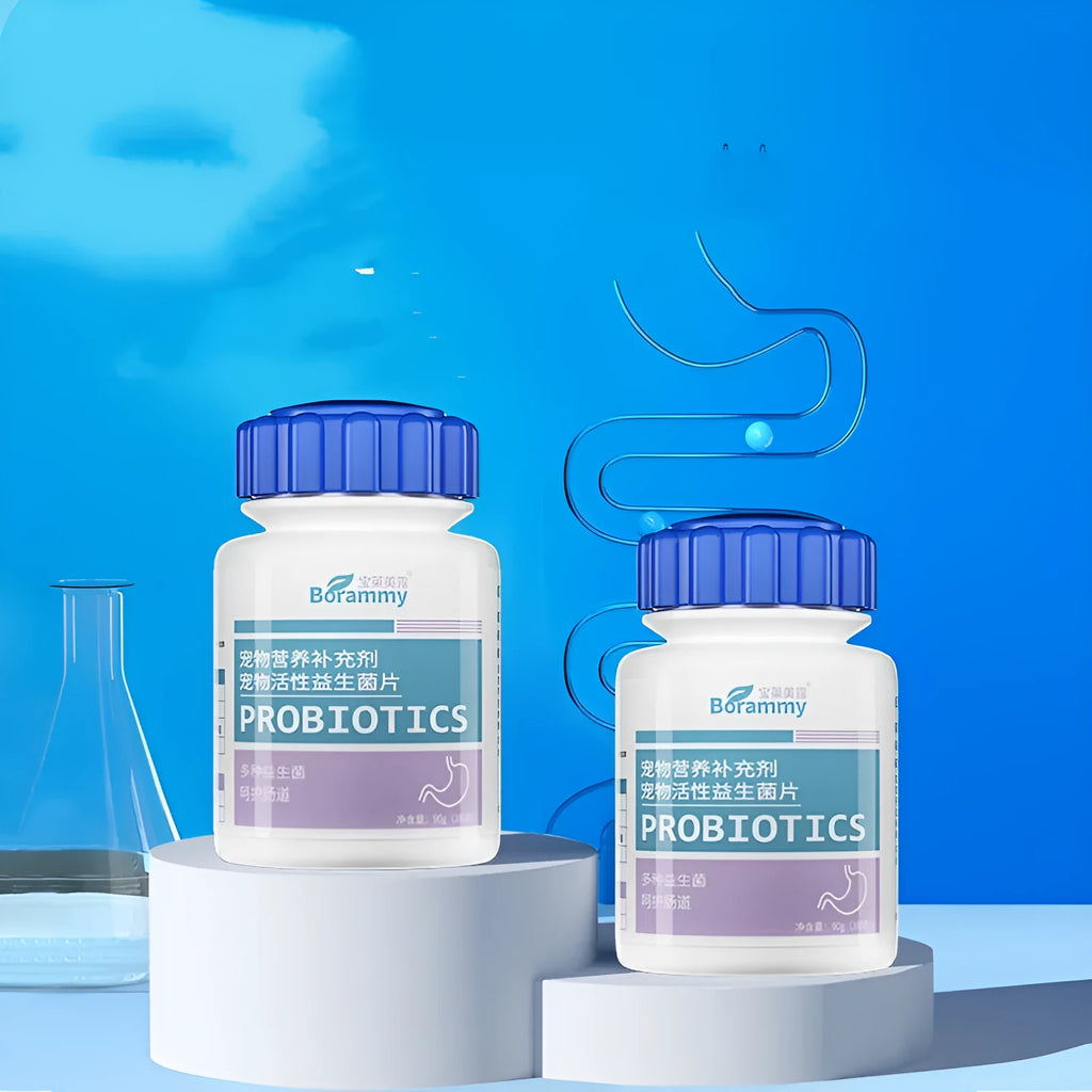 Bottle of pet probiotic tablets containing 180 tablets for dogs and cats digestive health