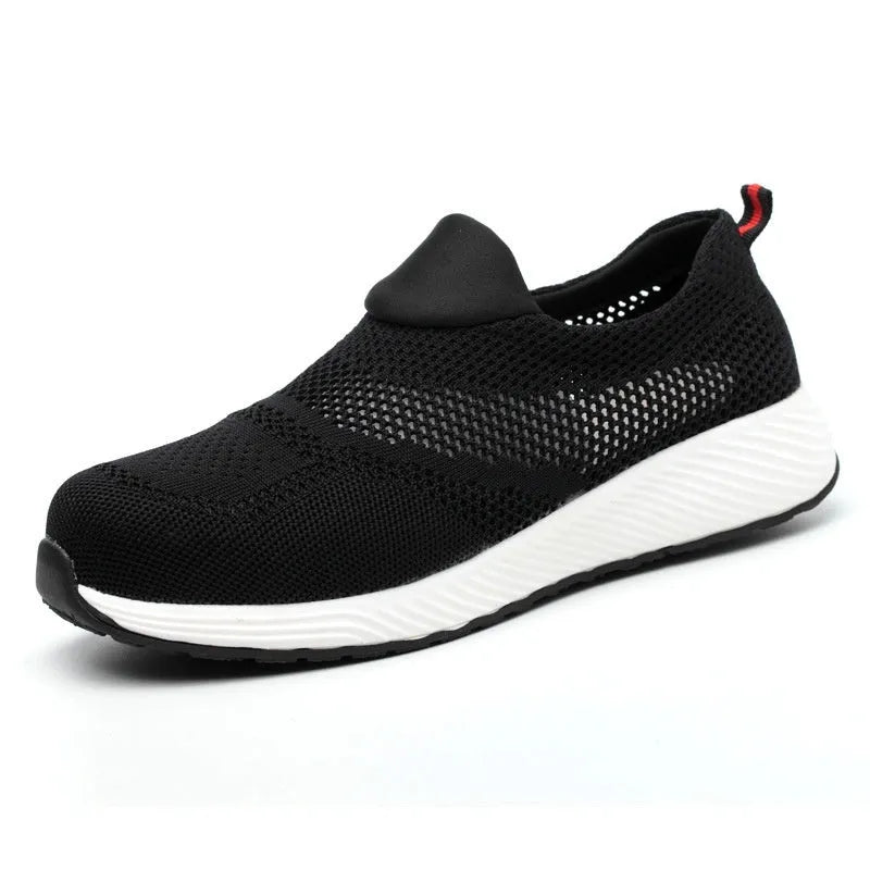 Men's lightweight steel toe work shoes in black, blue or red colours with mesh upper