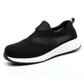 Men's lightweight steel toe work shoes in black, blue or red colours with mesh upper