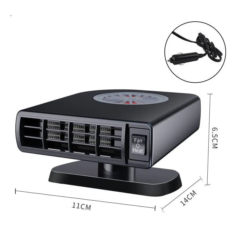 Black vehicle-mounted heater on car dashboard with adjustable vents for defrosting and defogging.