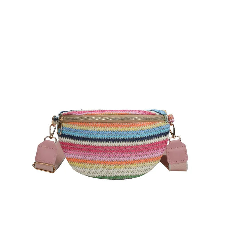 Straw woven Bohemian style beach bag with shell shape and single shoulder strap
