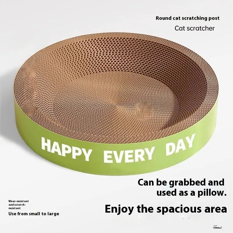 Green round cat scratching nest with 50cm diameter measurement showing integrated scratching surface