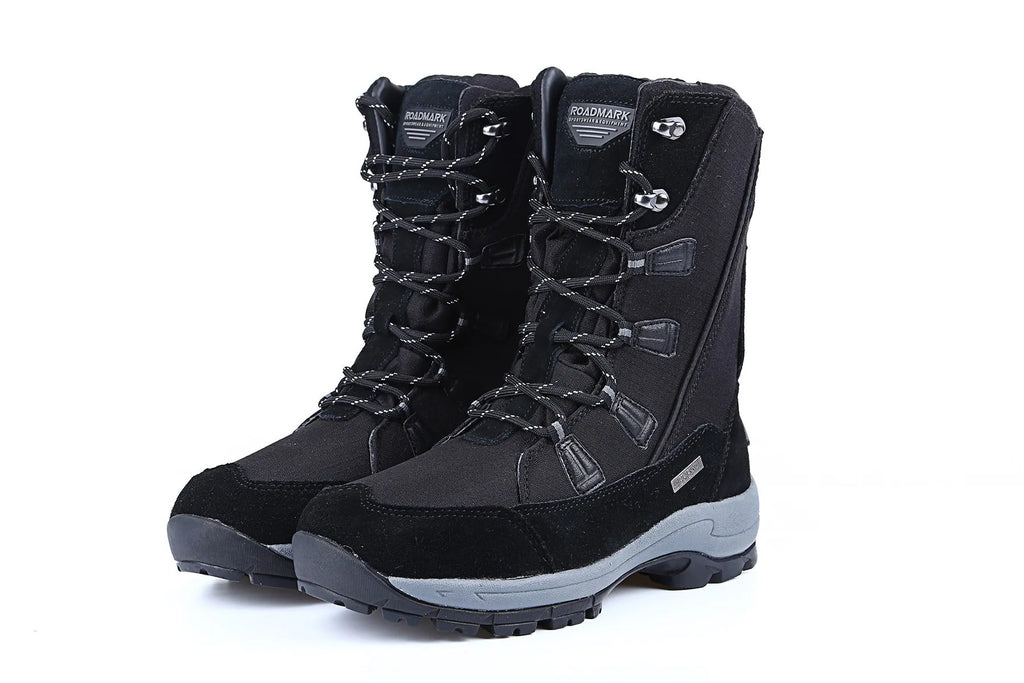 Women's black genuine leather waterproof snow boots with mid-calf length and non-slip rubber soles