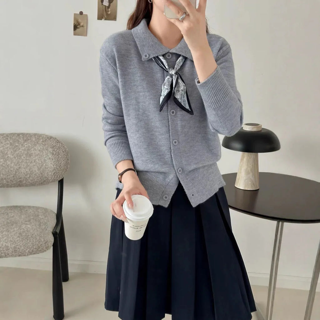 Women's lapel scarf sweater cardigan in acrylic fibre, shown in a neutral colour with long sleeves.