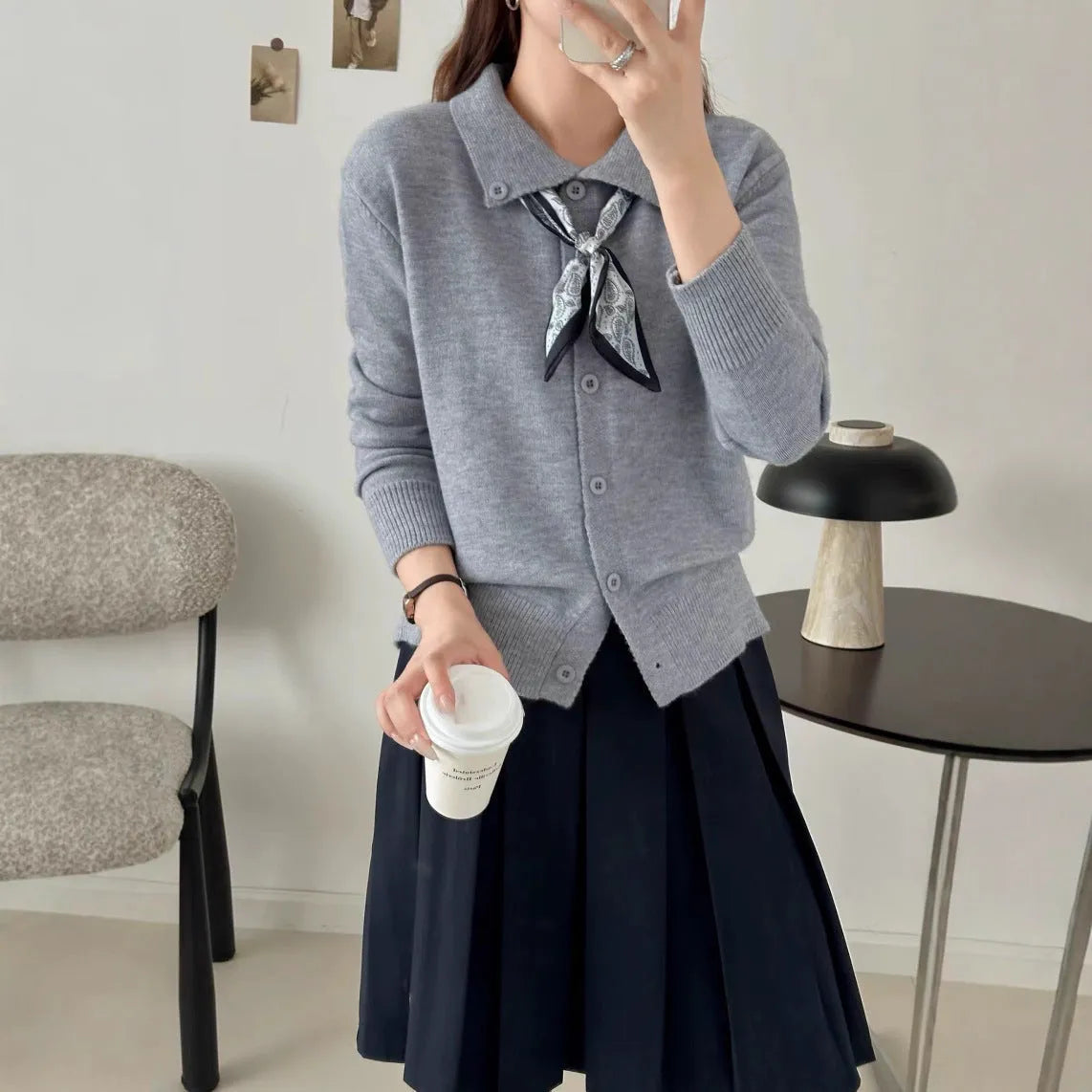 Women's lapel scarf sweater cardigan in acrylic fibre, shown in a neutral colour with long sleeves.