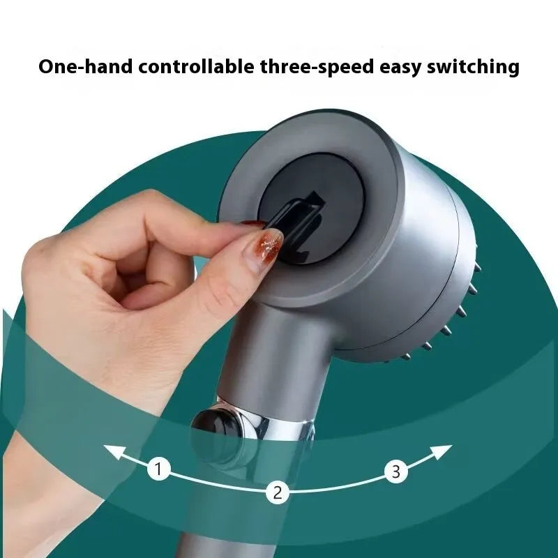 Portable ABS plastic shower head with modern simple design and three spray settings.