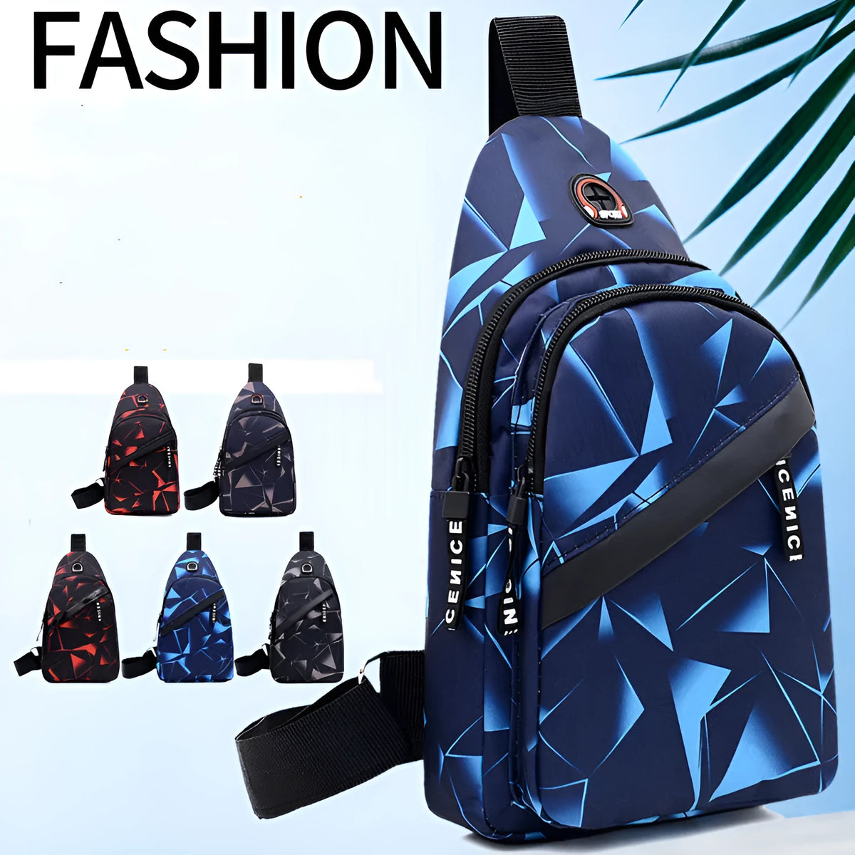 Black Oxford cloth crossbody chest bag for men with a visible earphone hole and zipper.