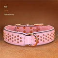 Black leather dog collar with metal anti-bite rivets shown on a size L tag.