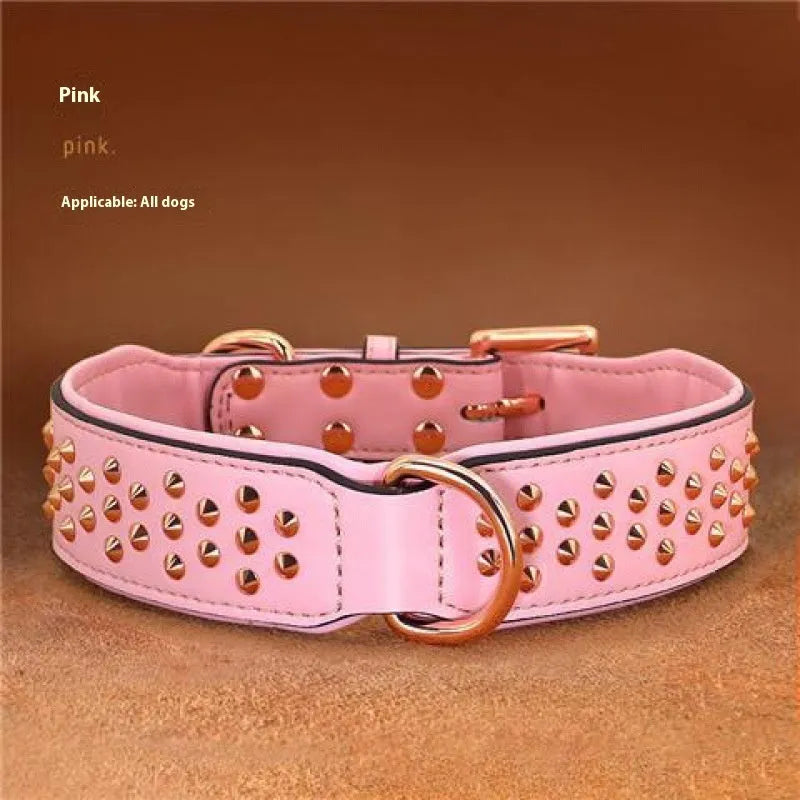 Black leather dog collar with metal anti-bite rivets shown on a size L tag.
