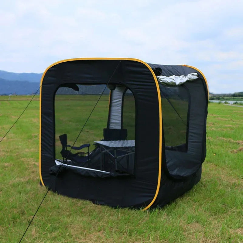 Black pop-up camping tent attached to car tail with quick-throw design and waterproof Oxford cloth