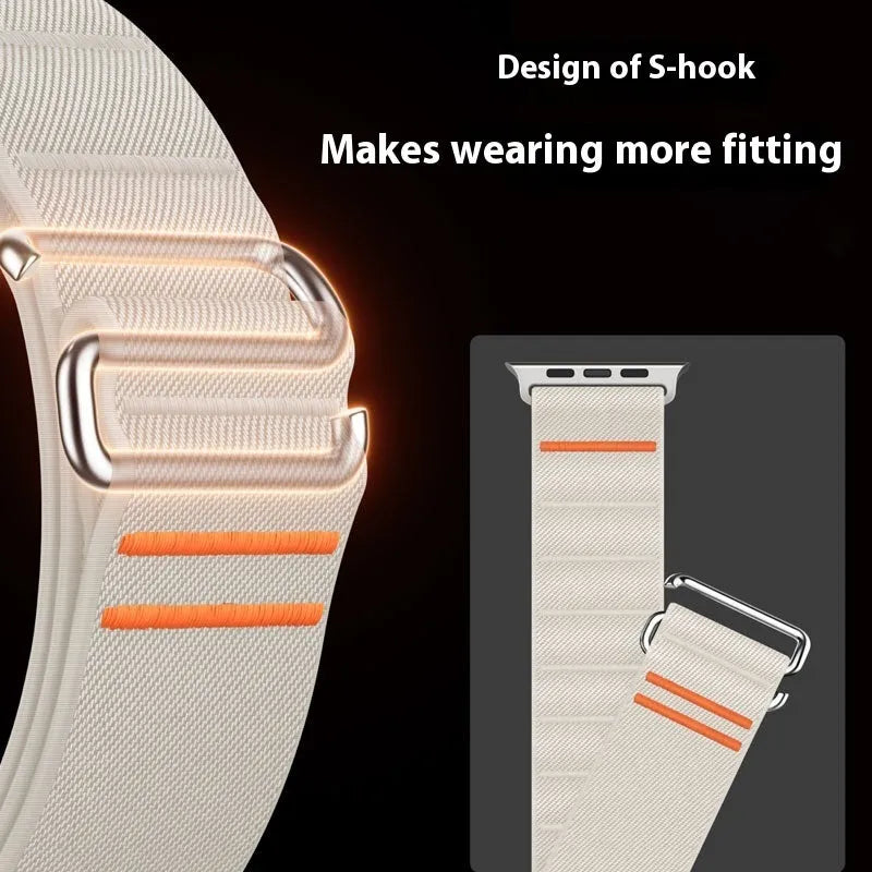 Elastic nylon Apple Watch compatible band with stainless steel buckle shown in multiple colour options
