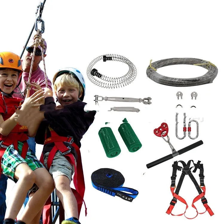 XYL Ziptreck children's 10m outdoor pulley slide rope kit with handle, retractor, and alloy steel components.