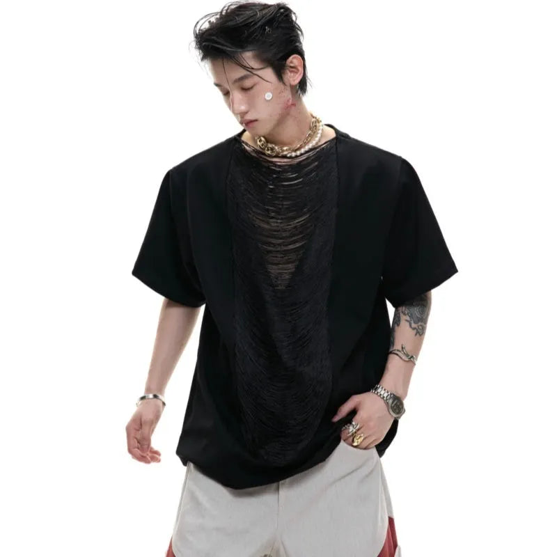 Men's black hollow-out V-neck T-shirt with three-dimensional cutting and loose fit design