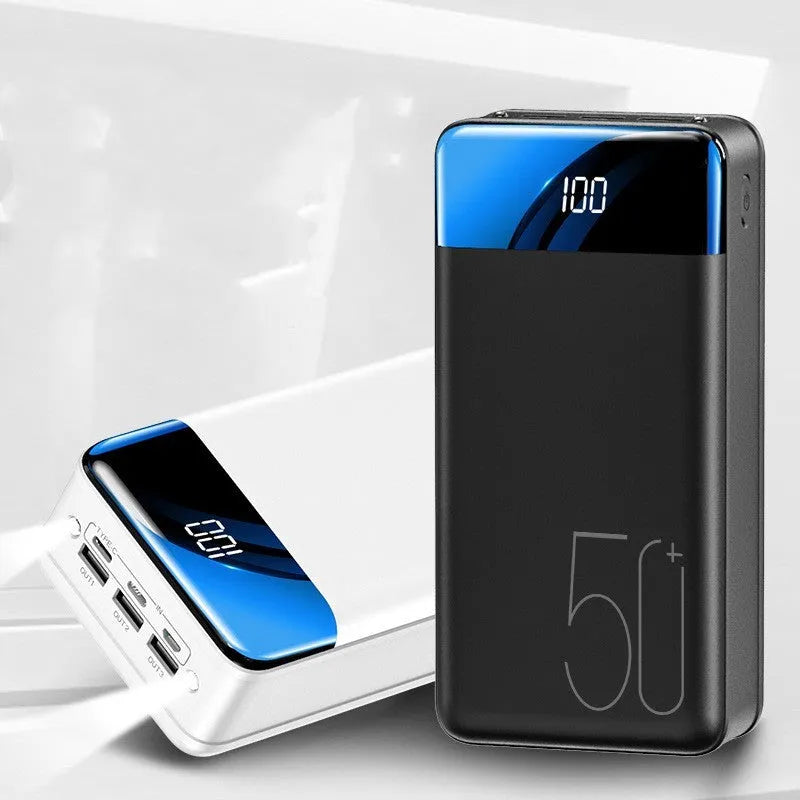 50000mAh power bank with three USB output ports in black or white plastic case