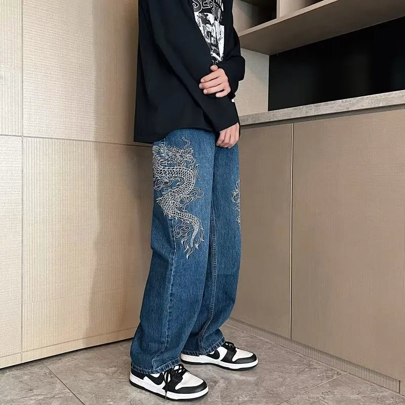 Loose embroidered jeans for men in Golden Dragon colour, polyester cowboy fabric, three-dimensional tailoring, no elasticity, size options S to 3XL