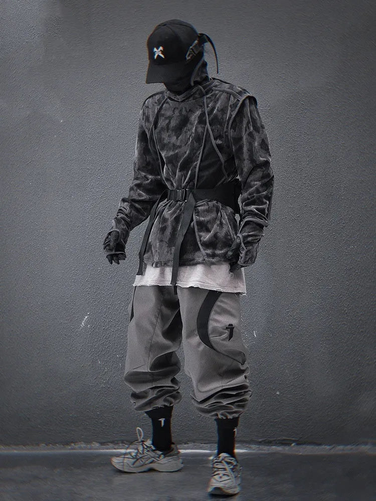 Men's black tie-dye printed pullover sweater with turtleneck collar and drop-shoulder sleeves