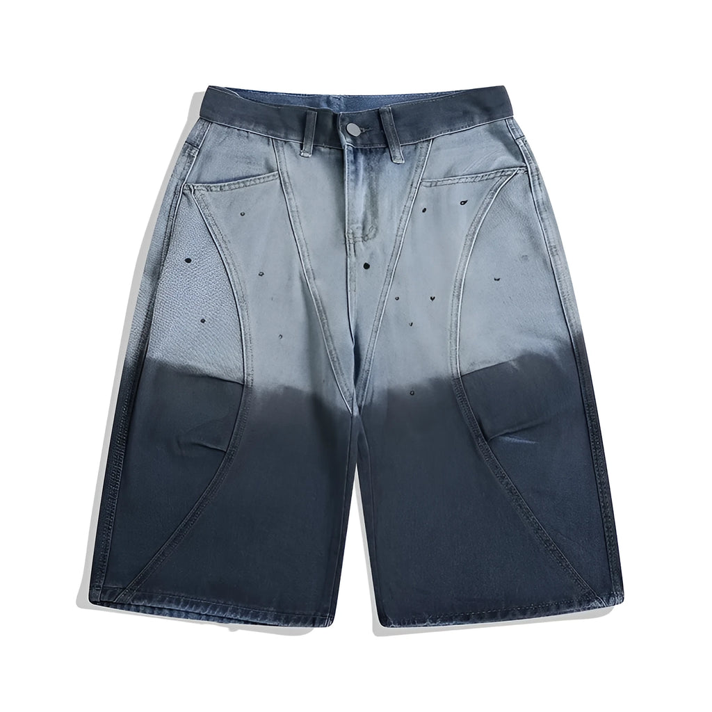 Blue tie-dye gradient cropped jeans with loose casual fit and washed-out finish