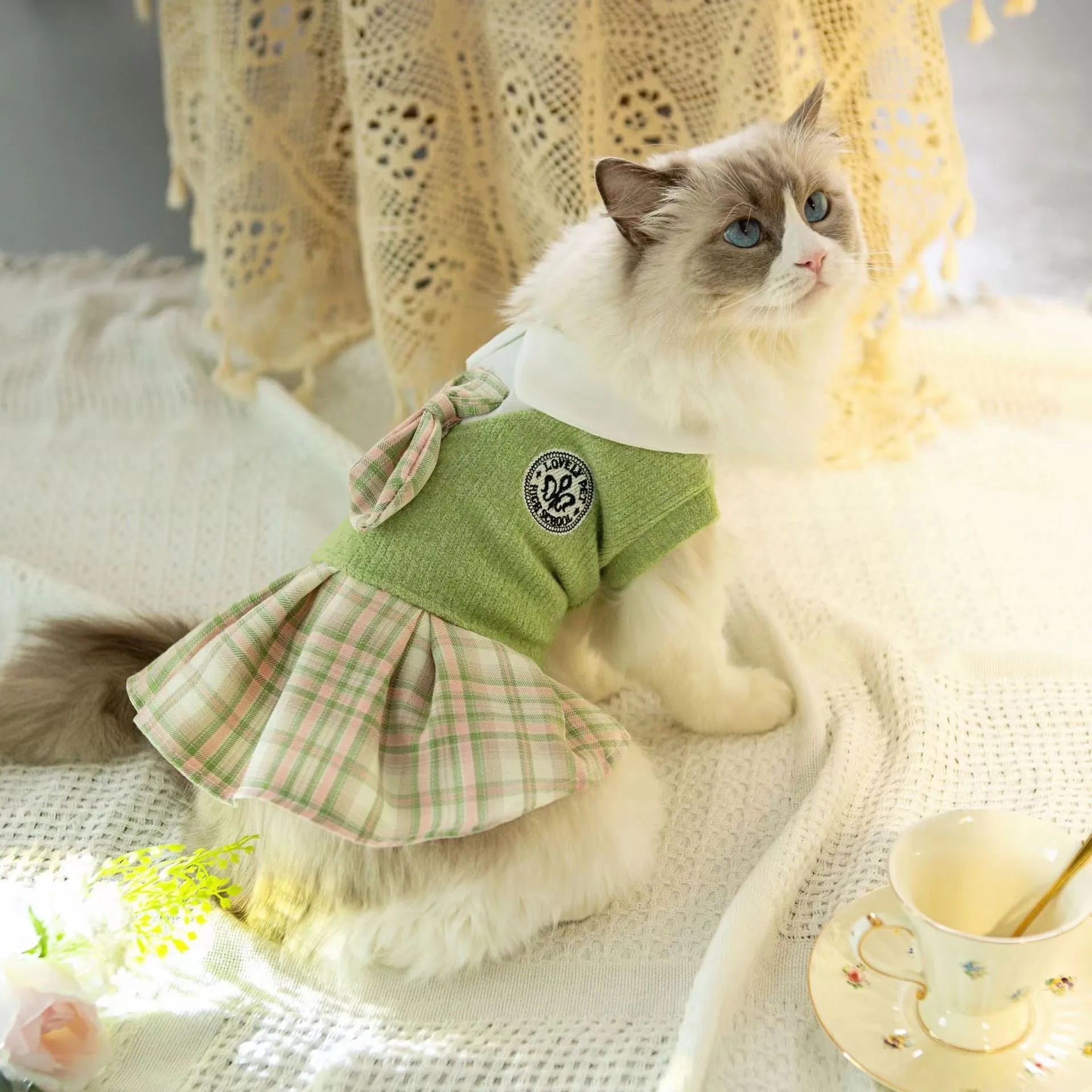 Tartan pattern princess style skirt for small dogs and cats in pink, blue, or green.
