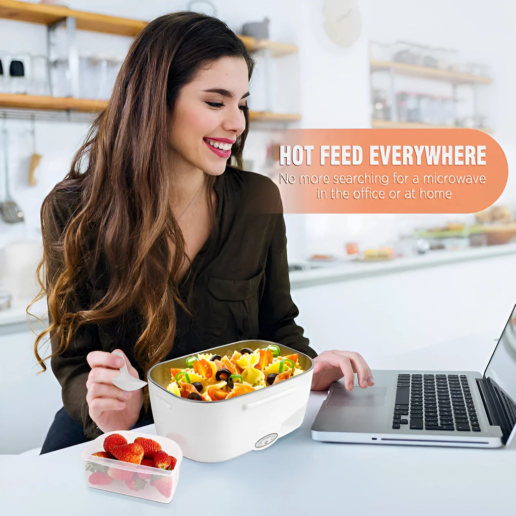Grey dual-purpose electric lunch box with plug showing compact 170x108x238mm dimensions