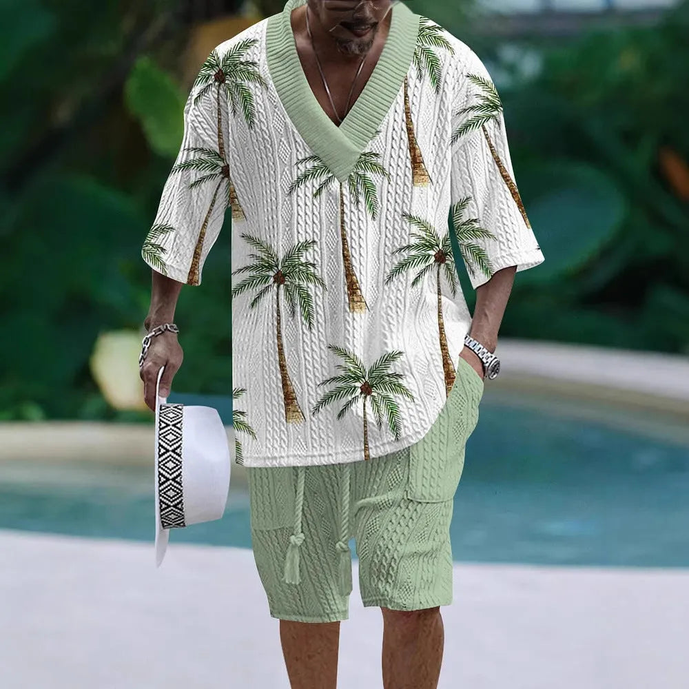 Men's loose casual short sleeve suit set in polyester fabric showing matching top and shorts