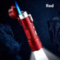 TH727 multi-function metal waterproof flashlight lighter in camouflage, red, black, blue, and yellow colour options.