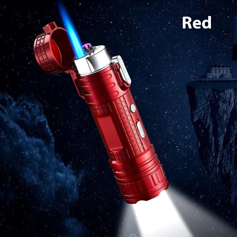 TH727 multi-function metal waterproof flashlight lighter in camouflage, red, black, blue, and yellow colour options.