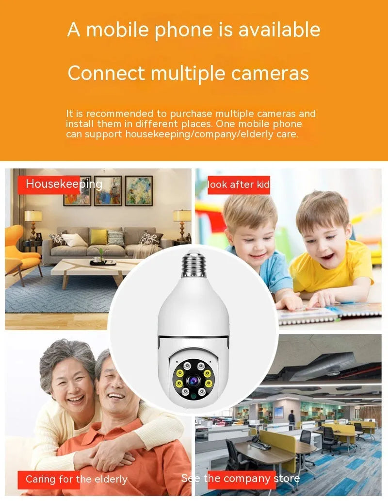 Wireless WiFi bulb security camera with plastic and metal housing measuring 5cm by 12cm