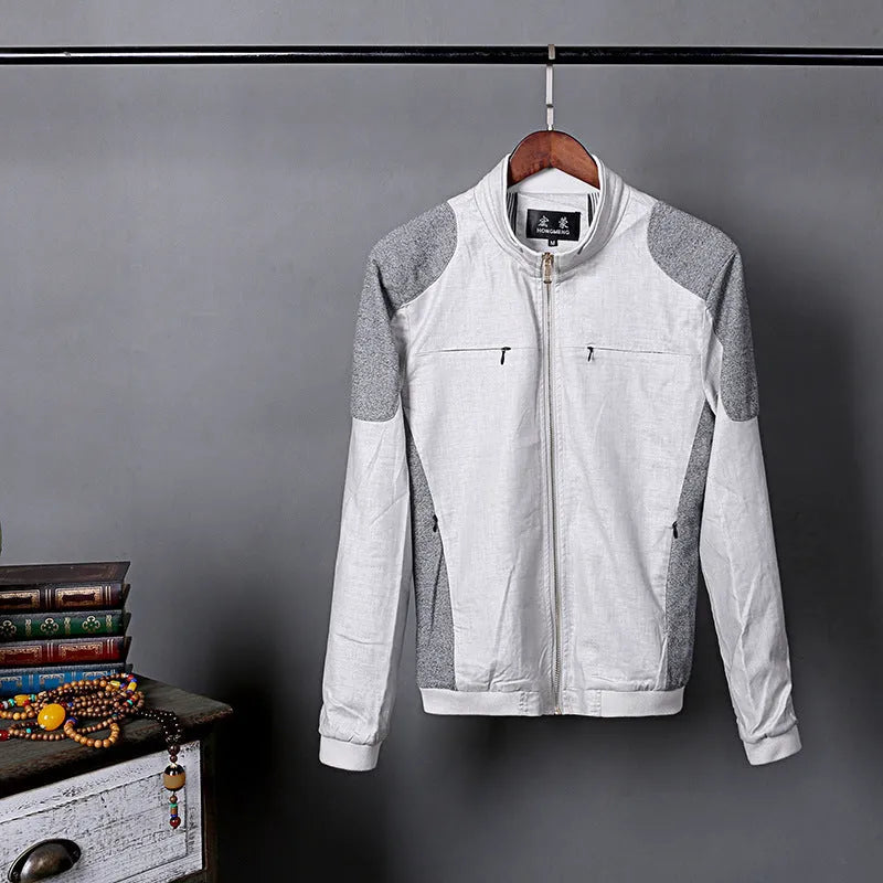 Men's regular fit cotton linen jacket in heather grey showing front design with colour-matched pattern