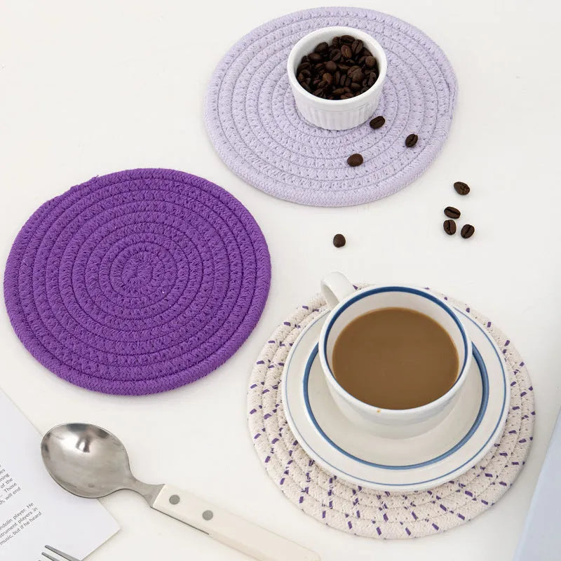 Three round cotton cord coasters in modern simplicity style with 18cm diameter