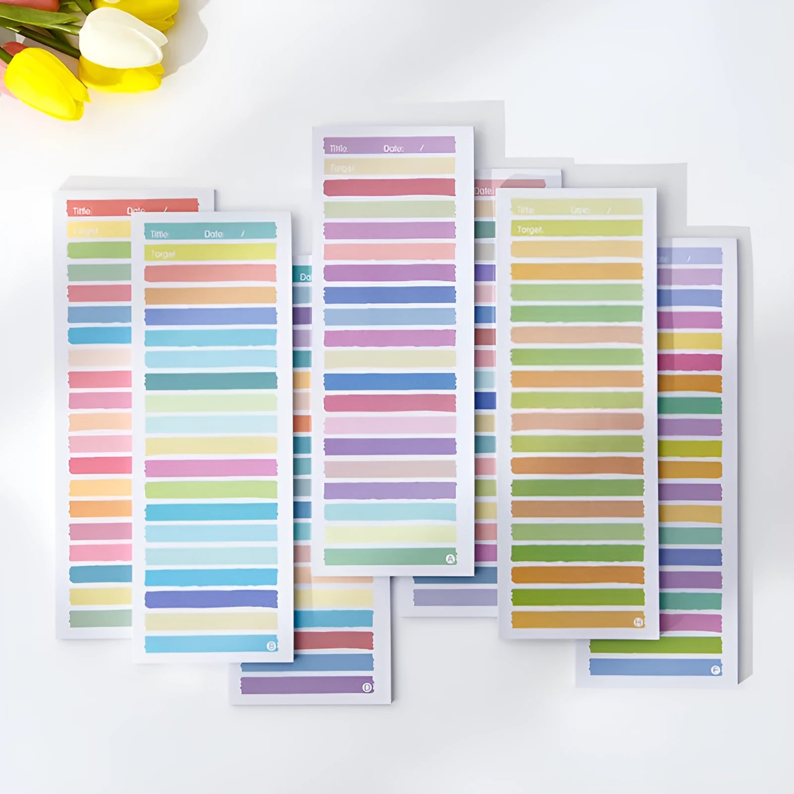 Cartoon character sticky note pad in a plastic storage box showing colourful striped and bear designs